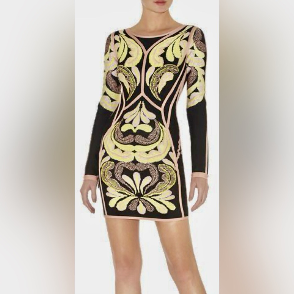 Herve Leger  dress in black and paisley jacquard embroidery in yellow and pink.